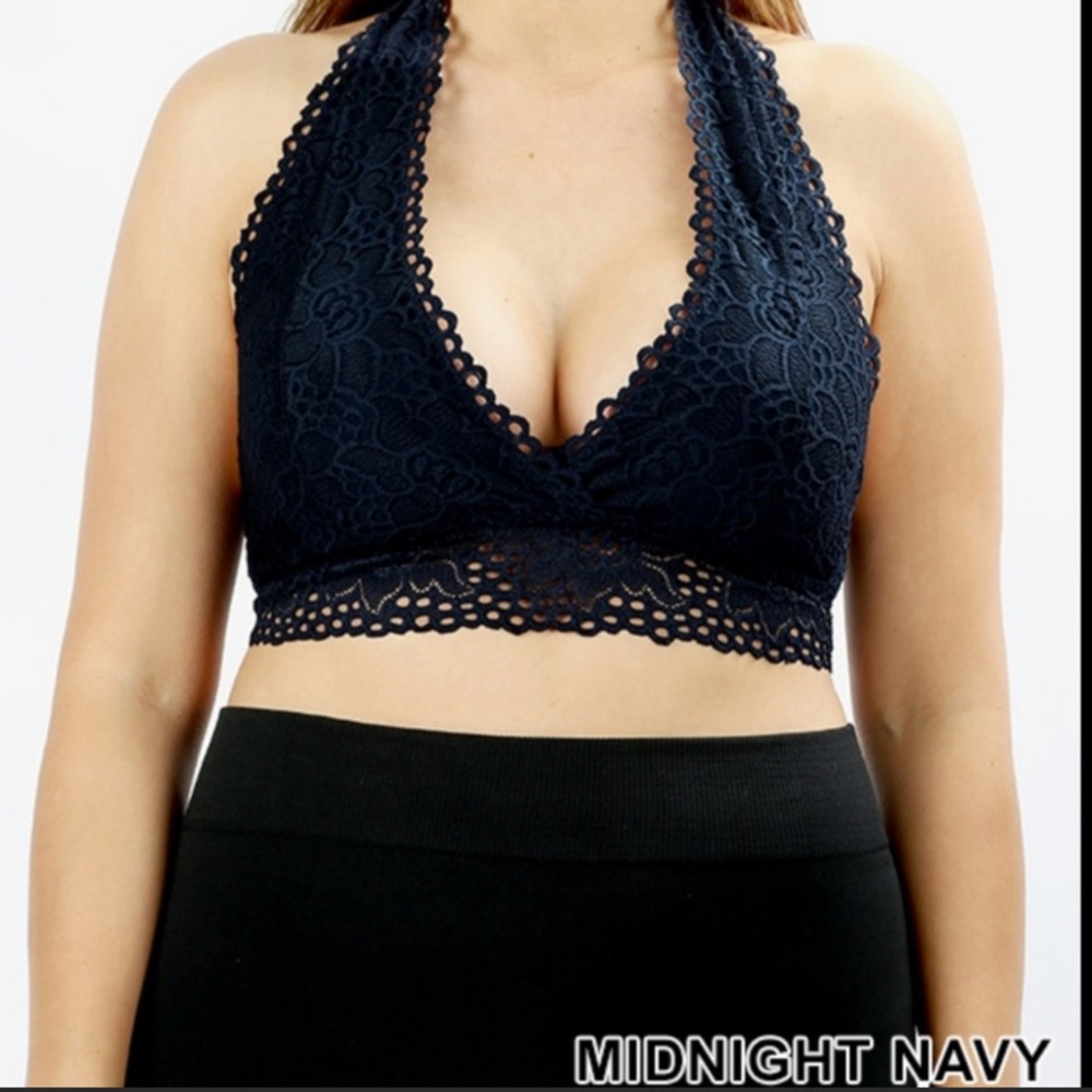 NEW! ZENANA Lace Halter Bra Bralette Navy Blue